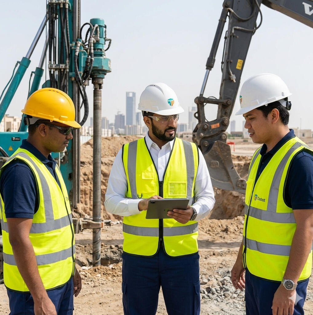 velvet-legacy-skilled-labor-recruitment-jeddah Skilled male velvet legacy technicians and engineers inspecting equipment at a construction site in Jeddah Saudi Arabia