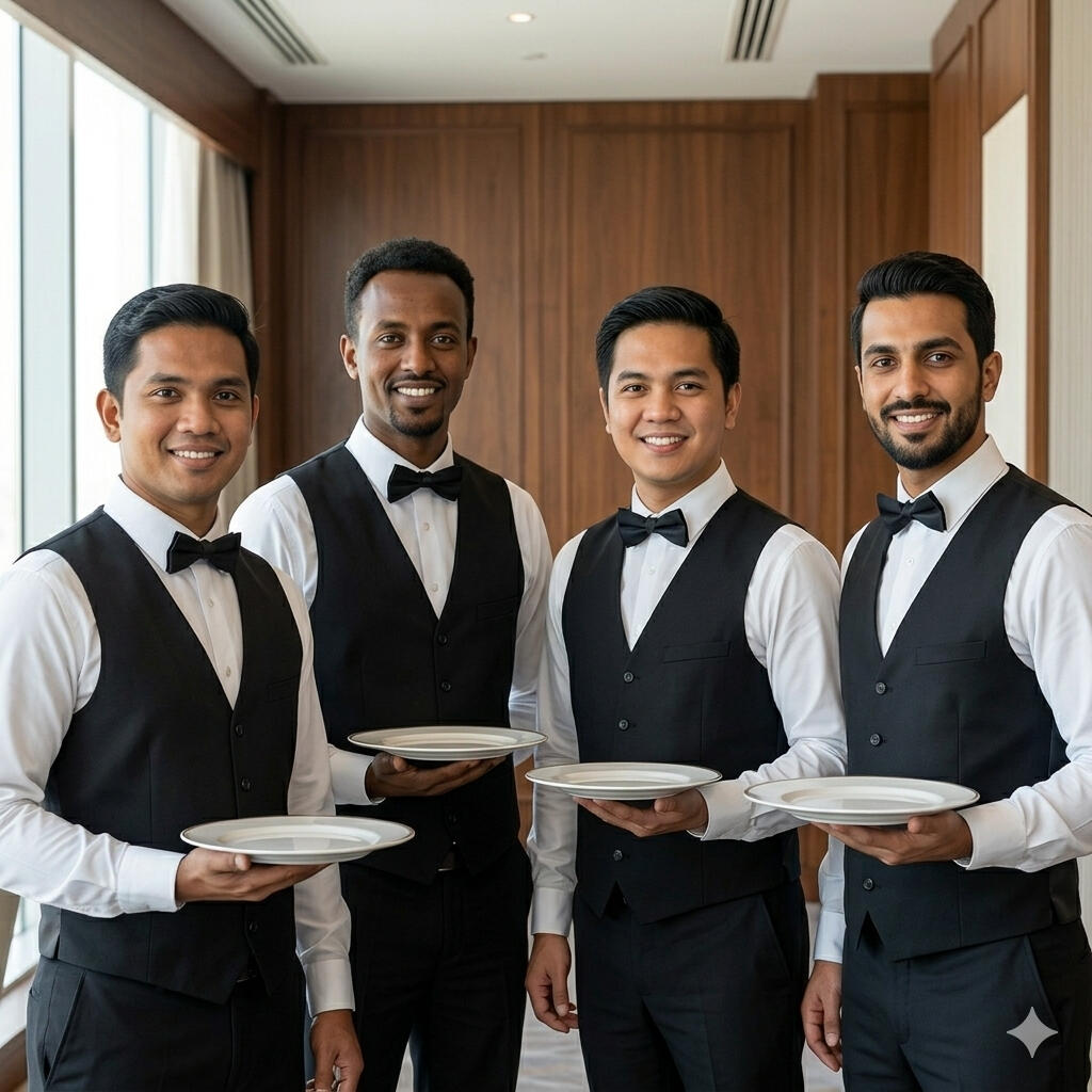 velvet-legacy-professional-waiter-staff-service Group of professional male velvet legacy waiters in formal black vests and bow ties serving in a luxury hotel in Jeddah
